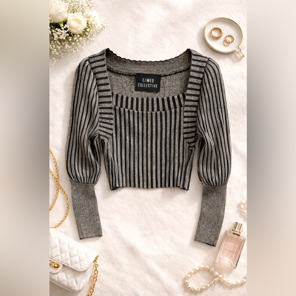 C/MEO Collective Metallic Stripe Knit Sweater L Black Gray Chic